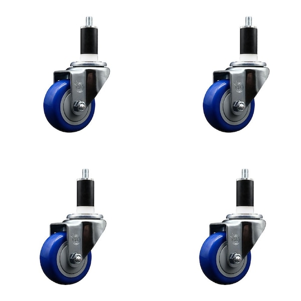 3'' Blue Poly Wheel Swivel 1-3/8'' Expanding Stem Caster Set, 4PK